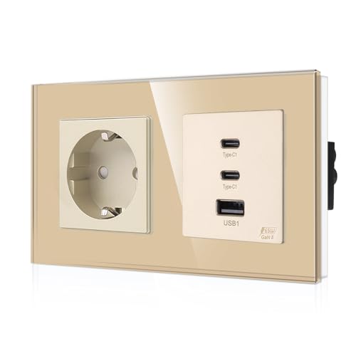 CNBINGO Glas Schuko Steckdose unterputz mit 65W Schnellladesteckdose(2-Typ C und 1-USB A), Wand Ladegerät von CNBINGO