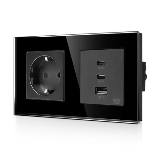 CNBINGO Glas Schuko Steckdose Unterputz mit 65W Schnellladesteckdose(2-Typ C und 1-USB A), Wand Ladegerät von CNBINGO