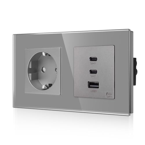 CNBINGO Glas Schuko Steckdose Unterputz mit 65W Schnellladesteckdose(2-Typ C und 1-USB A), Wand Ladegerät von CNBINGO