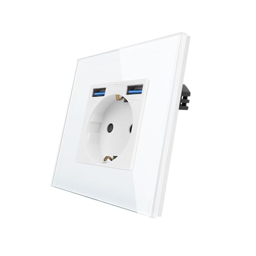 CNBINGO Glas Steckdose mit USB Ports (Max.2,1 Amp) - Einfach Steckdose Unterputz in Weiß - Schuko Schutzkontakt Wandsteckdose mit Glasrahmen -A+A-Wh von CNBINGO