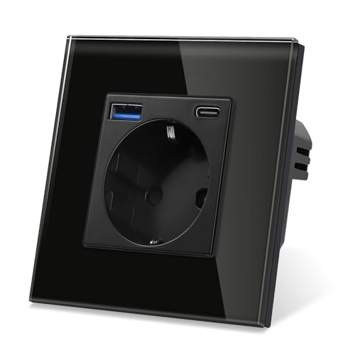 CNBINGO Glas Steckdose mit USB Ports (Typ-C und Typ-A unterstützung 20W Schnellladen) - Einfach Steckdose Unterputz in Schwarz - Schuko Schutzkontakt Wandsteckdose mit Glasrahmen von CNBINGO