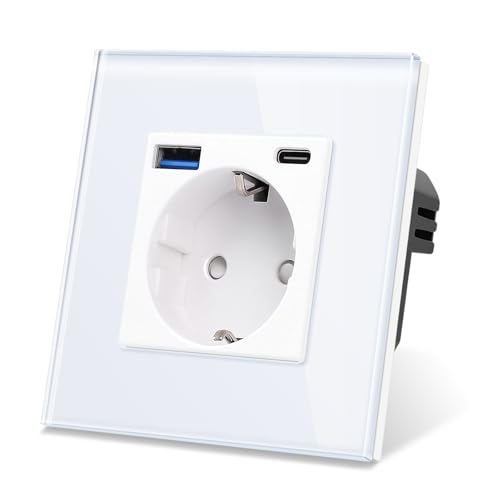 CNBINGO Glas Steckdose mit USB Ports (Typ-C und Typ-A unterstützung 20W Schnellladen) - Einfach Steckdose Unterputz in Weiß - Schuko Schutzkontakt Wandsteckdose mit Glasrahmen von CNBINGO