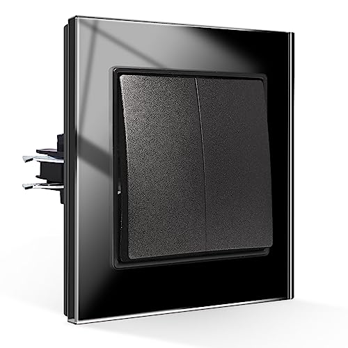 CNBINGO Lichtschalter 2 Fach 1 Weg Glas Lichtschalter Unterputz, Schraubenloser Wippschalter Taktiler Wandschalter Kristall-Wippschalter, schwarz von CNBINGO