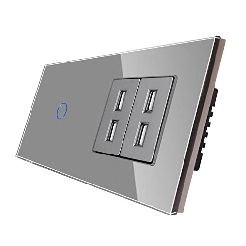 CNBINGO Touch Lichtschalter mit 4 USB -Anschlüsse 2.4 Amp - Berührungsschalter einfach mit Glasrahmen und Status-LED - Wandschalter unterputz in Grau - 500 W/Fach von CNBINGO