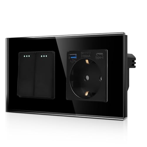 CNBINGO Lichtschalter mit Schuko Steckdose 2 Fach 1 Weg, Glas Steckdose Unterputz mit USB (Typ-C und Typ-A 3,1 Amp total) Modernem Kristallglas Wandplatte mit Leuchtpunkten, Schwarz von CNBINGO