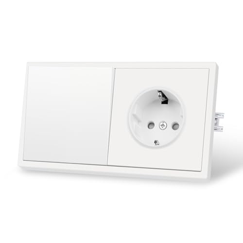 CNBINGO Lichtschalter mit Steckdose Matt - Einfach Schuko Steckdose Unterputz - 1 Fach Wandschalter - Kunststoffplatten mit Hautgefühl - 80mm x 150mm - Weiß von CNBINGO