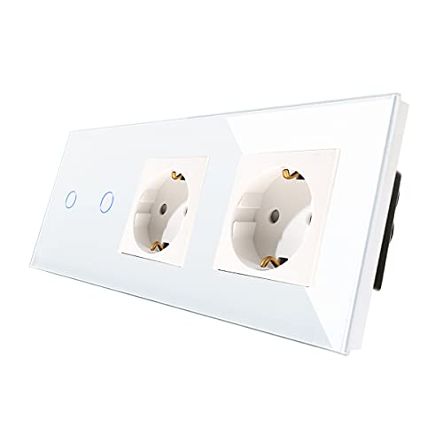 CNBINGO Touch Lichtschalter mit Doppelsteckdose - Wandschalter zweifach und Schuko Steckdose unterputz in Weiß - Berührungsschalter mit Glasrahmen und Status-LED von CNBINGO