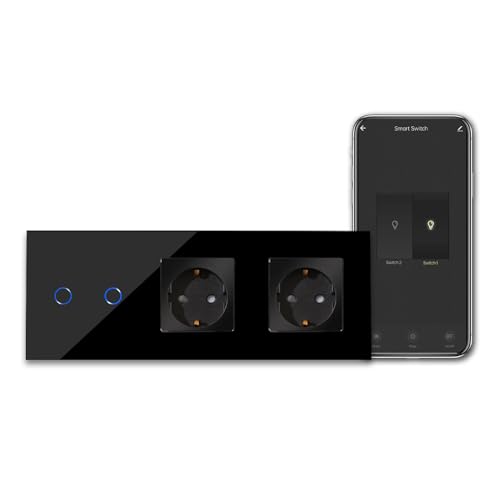 CNBINGO Smart Touchschalter mit Doppel Schuko Steckdose unterputz mit Glasrahmen, WLAN Lichtschalter Arbeit mit Alexa, Google Assistant, Wandschalter zweifach in Schwarz, Neutralleiter Wird Benötigt von CNBINGO