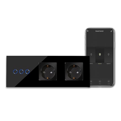 CNBINGO Smart Touchschalter mit Doppel Schuko Steckdose unterputz mit Glasrahmen, WLAN Lichtschalter Arbeit mit Alexa, Google Assistant, Wandschalter dreifach in Schwarz, Neutralleiter Wird Benötigt von CNBINGO