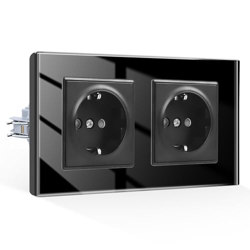 CNBINGO Doppelsteckdose Unterputz,2 Fach Steckdose Glas Doppelsteckdose Schwarz Wandsteckdose Schuko Steckdose von CNBINGO