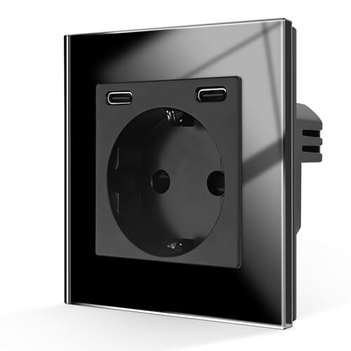 CNBINGO Schuko Steckdose mit 2 Type C (MAX 20W), Einfach Steckdose Unterputz, Wandsteckdose mit gehärteter Glasplatte von CNBINGO
