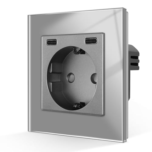 CNBINGO Schuko Steckdose mit 2 Type C (MAX 20W), Einfach Steckdose Unterputz, Wandsteckdose mit gehärteter Glasplatte von CNBINGO