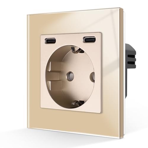 CNBINGO Schuko Steckdose mit 2 Type C (MAX 20W), Einfach Steckdose Unterputz, Wandsteckdose mit gehärteter Glasplatte von CNBINGO