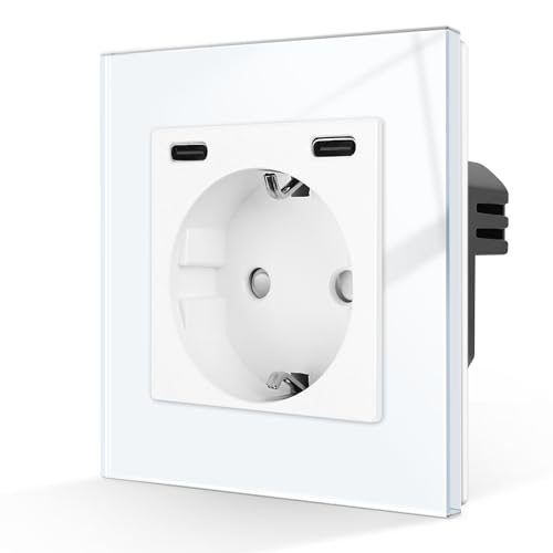 CNBINGO Schuko Steckdose mit 2 Type C (MAX 20W), Einfach Steckdose Unterputz, Wandsteckdose mit gehärteter Glasplatte von CNBINGO