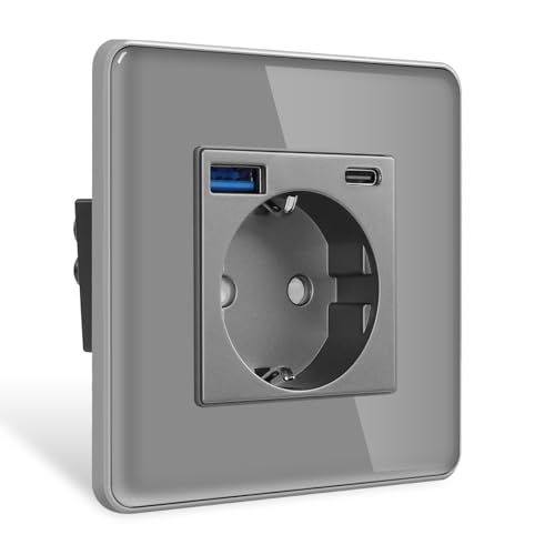 CNBINGO Schuko Steckdose mit 2.1A USB A und Type C 1 Fach Glas Steckdose Unterputz Grau Wandsteckdose mit Glasrahmen CNBINGO Schuko Steckdose mit 2.1A USB A und Type C 1 Fach Glas Steckdose Unterputz Grau Wandsteckdose mit Glasrahmen von CNBINGO
