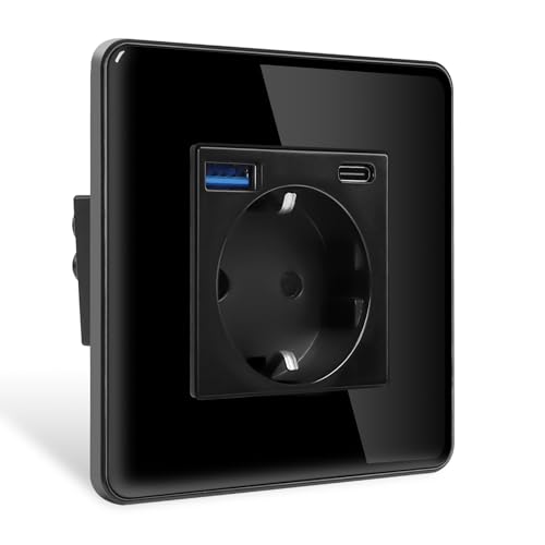 CNBINGO Schuko Steckdose mit USB Anschluss Type C und USB A 1 Fach Glas Steckdose Unterputz Schwarz Wandsteckdose mit Glasrahmen CNBINGO Schuko Steckdose mit USB Anschluss Type C und USB A 1 Fach Glas Steckdose Unterputz Schwarz Wandsteckdose mit Glasrahmen von CNBINGO