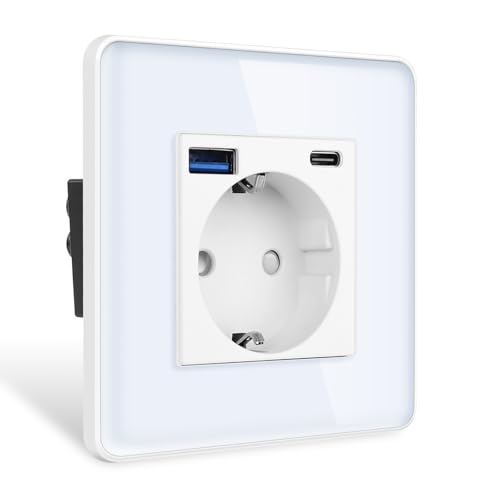 CNBINGO Schuko Steckdose mit 2.1A USB A und Type C 1 Fach Glas Steckdose Unterputz Weiß Wandsteckdose mit Glasrahmen CNBINGO Schuko Steckdose mit 2.1A USB A und Type C 1 Fach Glas Steckdose Unterputz Weiß Wandsteckdose mit Glasrahmen von CNBINGO