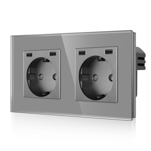 CNBINGO Schuko Steckdose mit 4 Type C (MAX 20W), Zweifach Steckdose Unterputz, Wandsteckdose mit gehärteter Glasplatte von CNBINGO