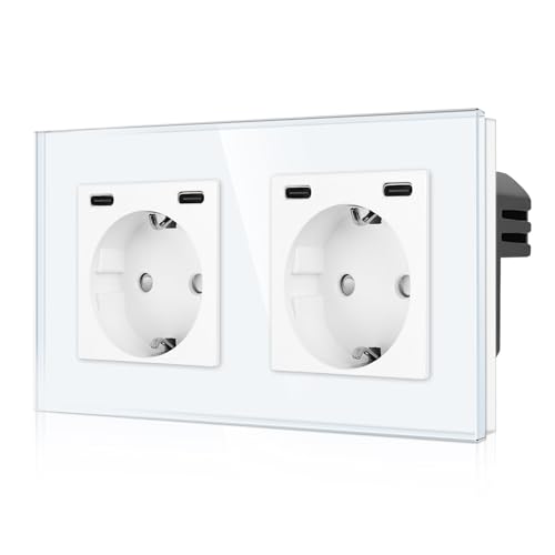 CNBINGO Schuko Steckdose mit 4 Type C (MAX 20W), Zweifach Steckdose Unterputz, Wandsteckdose mit gehärteter Glasplatte von CNBINGO
