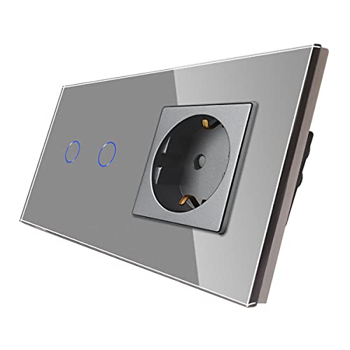 CNBINGO Touch Lichtschalter mit Schuko Steckdose unterputz - Wandschalter zweifach in Grau - Berührungsschalter mit Glasrahmen und Status-LED - 800W/Fach von CNBINGO
