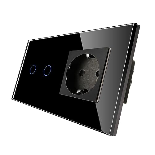 CNBINGO Touch Lichtschalter mit Schuko Steckdose unterputz - Wandschalter zweifach in Schwarz - Berührungsschalter mit Glasrahmen und Status-LED - 500W/Fach von CNBINGO