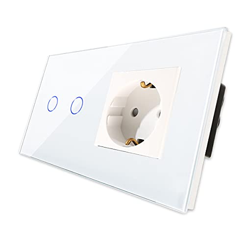 CNBINGO Touch Lichtschalter mit Schuko Steckdose unterputz - Wandschalter zweifach in Weiß - Berührungsschalter mit Glasrahmen und Status-LED - 800W/Fach von CNBINGO