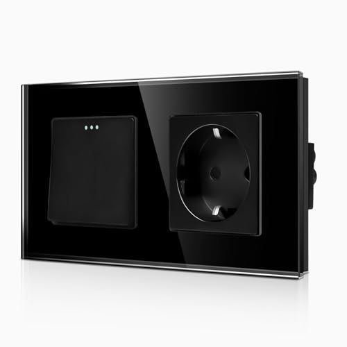 CNBINGO Schuko Steckdose mit Lichtschalter 1 Fach 1 Weg Glas Lichtschalter, Modernem Lichtschalter mit Steckdose Unterputz Glas Steckdose, Schwarz CNBINGO Schuko Steckdose mit Lichtschalter 1 Fach 1 Weg Glas Lichtschalter, Modernem Lichtschalter mit Steckdose Unterputz Glas Steckdose, Schwarz von CNBINGO