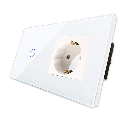 CNBINGO Touch Lichtschalter mit Schuko Steckdose unterputz - Wandschalter einfach in Weiß - Berührungsschalter mit Glasrahmen und Status-LED - 500W/Fach von CNBINGO