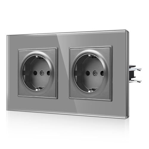 CNBINGO Schuko Doppelsteckdose mit Krallen - Zweifach Wandsteckdose mit Glasscheibe - 16Amp EU-Standard Steckdose Unterputz mit Kindersicherung - 2 Fach Grau von CNBINGO
