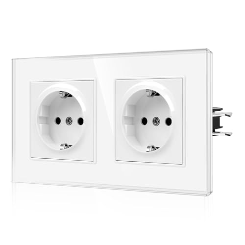 CNBINGO Schuko Doppelsteckdose mit Krallen - Zweifach Wandsteckdose mit Glasscheibe - 16Amp EU-Standard Steckdose Unterputz mit Kindersicherung - 2 Fach Weiß von CNBINGO