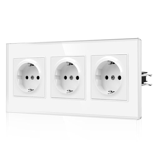 CNBINGO Schuko Steckdose mit Krallen - Dreifach Wandsteckdose mit Glasscheibe - 16Amp EU-Standard Steckdose Unterputz mit Kindersicherung - 3 Fach Weiß von CNBINGO