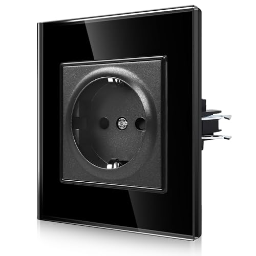 CNBINGO Schuko Einzelsteckdose mit Krallen - Einzel Wandsteckdose mit Glasscheibe - 16Amp EU-Standard Steckdose Unterputz mit Kindersicherung - 1 Fach Schwarz von CNBINGO