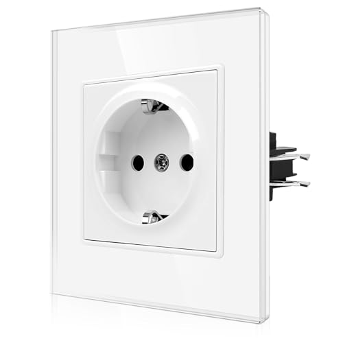 CNBINGO Schuko Einzelsteckdose mit Krallen - Einzel Wandsteckdose mit Glasscheibe - 16Amp EU-Standard Steckdose Unterputz mit Kindersicherung - 1 Fach Weiß von CNBINGO