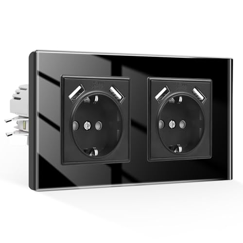 CNBINGO Schuko Steckdose mit USB 16 Amp Steckdose mit Steckklemme Kristall Unterputz Steckdose - Zweifach USB Steckdose Schwarz - 2 Fach Wandsteckdose mit Glasrahmen von CNBINGO