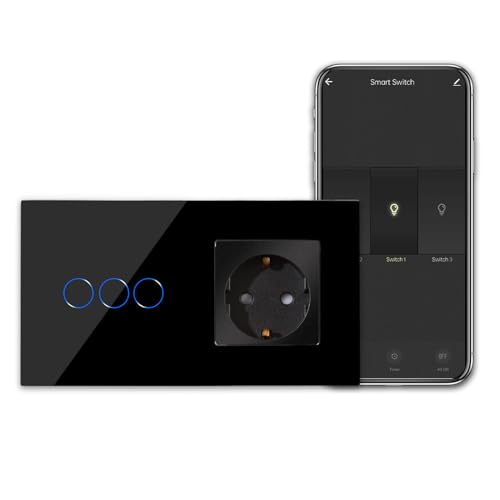 CNBINGO Smart Touchschalter mit Schuko Steckdose unterputz mit Glasrahmen, WLAN Lichtschalter Arbeit mit Alexa, Google Assistant, Wandschalter dreifach in Schwarz, Neutralleiter Wird Benötigt von CNBINGO