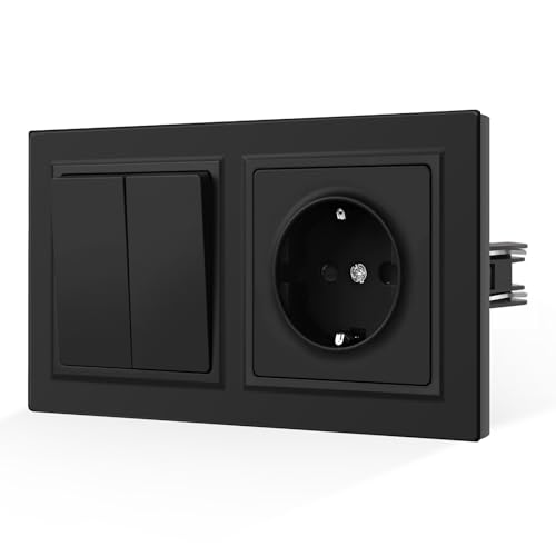 CNBINGO Schuko Steckdose und Lichtschalter mit Krallen - 2 Fach 1 Weg Wippschalter Unterputz - Schutzkontakt Wandsteckdose mit Kindersicherung - Hautfreundliche Mattierte Platte - Schwarz von CNBINGO