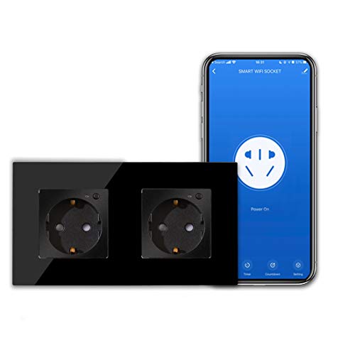 CNBINGO WLAN Schuko Steckdose unterputz, 16 Amp Glas Smart Steckdose Arbeit mit Alexa(Echo, Echo Dot), Google Assistant, APP Steuerung, Nur 2.4 GHz WiFi, 2 Fach, Schwarz, 1er Pack von CNBINGO