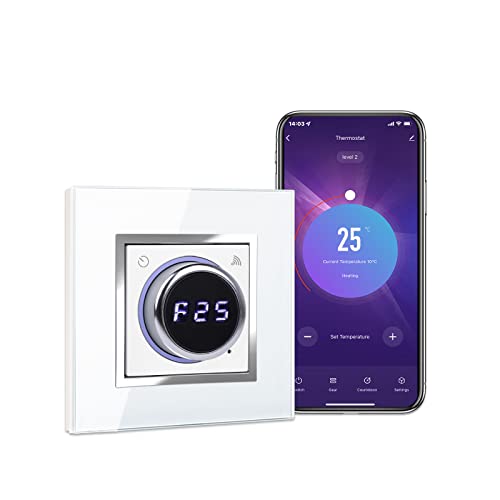 CNBINGO Smart Thermostat Heizung Digital, WLAN Heizkörperthermostat kompatibel mit Alexa, Google Assistant, Temperaturregler per App, Raumthermostat, Fußbodenheizung mit Weiß Glas, Quadrat von CNBINGO