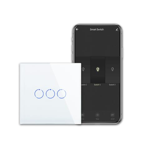 CNBINGO Smart Touch Lichtschalter Arbeiten mit Alexa, Google Assistant - WLAN Schalter unterputz - mit Glas Panel - Wandschalter dreifach in Weiß - Neutralleiter Wird Benötigt - 600W/Fach von CNBINGO