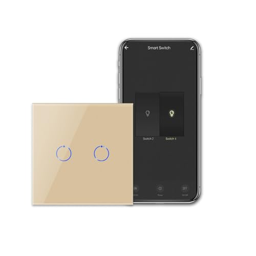 CNBINGO Smart Touch Lichtschalter Arbeiten mit Alexa, Google Assistant - WLAN Schalter unterputz - mit Glas Panel - Wandschalter zweifach in Gold - Neutralleiter Wird Benötigt - 600W/Fach von CNBINGO