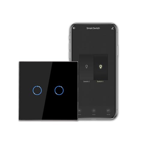 CNBINGO Smart Touch Lichtschalter Arbeiten mit Alexa, Google Assistant - WLAN Schalter unterputz - mit Glas Panel - Wandschalter zweifach in Schwarz - Neutralleiter Wird Benötigt - 600W/Fach von CNBINGO