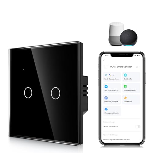 CNBINGO Smart Touch Lichtschalter in Schwarz - zweifach WLAN Wandschalter Arbeit mit Alexa, Google Assistant - Glas Wandschalter Unterputz - Mehrkontroll, Timer, Zeitplan - 1 Fach von CNBINGO