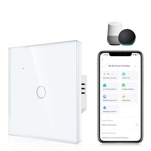 CNBINGO Smart Touch Lichtschalter in Weiß - einfach WLAN Wandschalter Arbeit mit Alexa, Google Assistant - Glas Wandschalter Unterputz - Mehrkontroll, Timer, Zeitplan - 1 Fach von CNBINGO