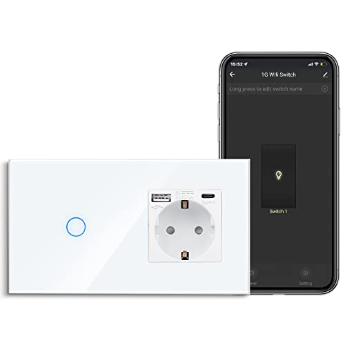 CNBINGO Smart Touch-Lichtschalter mit USB Schuko Steckdose, mit USB Anschluss und Typ C (Max. 3.1A), WLAN Lichtschalter für Alexa, Google Assistant, Schutzkontakt Wandsteckdose Unterputz, Weiß von CNBINGO