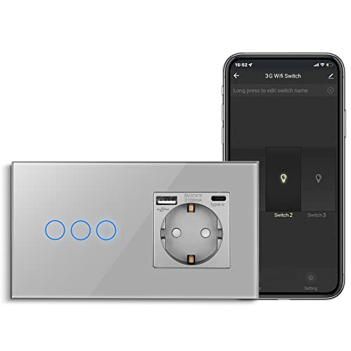 CNBINGO Smart Touch-Lichtschalter mit USB Schuko Steckdose, mit USB Anschluss und Typ C (Max. 3.1A), WLAN Lichtschalter für Alexa, Google Assistant, Schutzkontakt Wandsteckdose Unterputz, Grau von CNBINGO