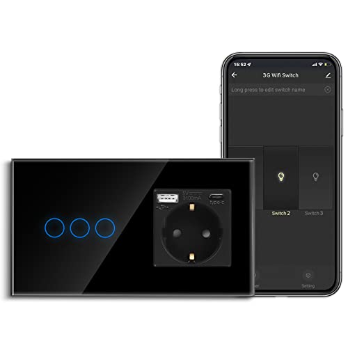 CNBINGO Smart Touch-Lichtschalter mit USB Schuko Steckdose, mit USB Anschluss und Typ C (Max. 3.1A), WLAN Lichtschalter für Alexa, Google Assistant, Schutzkontakt Wandsteckdose Unterputz, Schwarz von CNBINGO
