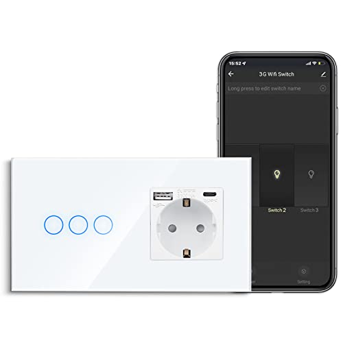 CNBINGO Smart Touch-Lichtschalter mit USB Schuko Steckdose, mit USB Anschluss und Typ C (Max. 3.1A), WLAN Lichtschalter für Alexa, Google Assistant, Schutzkontakt Wandsteckdose Unterputz, Weiß von CNBINGO