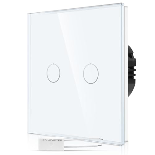 CNBINGO Touch Dimmschalter unterputz in Weiß - zweifach Dimmer Lichtschalter mit Status-LED und Glas Panel - 2 Fach Wandschalter für LED-Leuchten - Berührungsschalter mit Kostenfreier Adapter von CNBINGO
