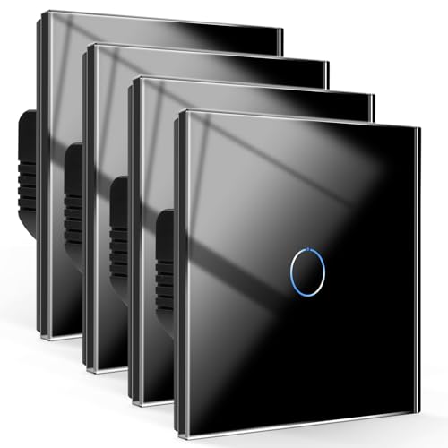 CNBINGO Touch Lichtschalter,Glas Lichtschalter Unterputz 1 Fach 2 Weg Wandschalter mit Glasrahmen 86mm Touch Schalter,Weiß,4 PCS von CNBINGO