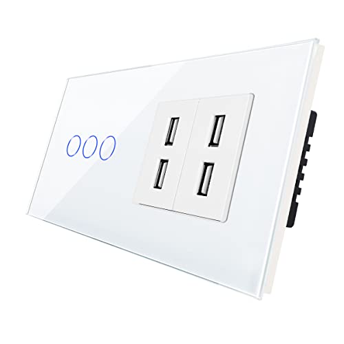 CNBINGO Touch Lichtschalter mit 4 USB -Anschlüsse 2.4 Amp - Berührungsschalter dreifach mit Glasrahmen und Status-LED - Wandschalter unterputz in Weiß - 500 W/Fach CNBINGO Touch Lichtschalter mit 4 USB -Anschlüsse 2.4 Amp - Berührungsschalter dreifach mit Glasrahmen und Status-LED - Wandschalter unterputz in Weiß - 500 W/Fach von CNBINGO